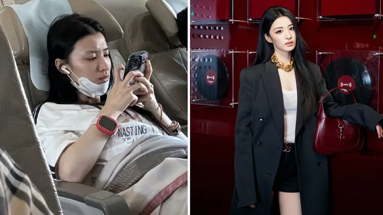 女星王楚然素顏搭機被捕獲。左圖翻攝羊就是咩咩叫微博，右圖翻攝王楚然工作室微博