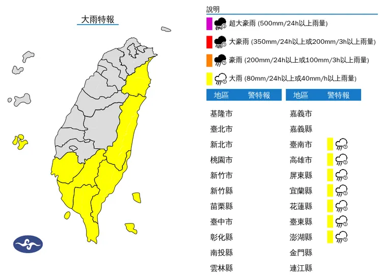 氣象署今（27）日凌晨針對7縣市發布大雨特報。中央氣象署