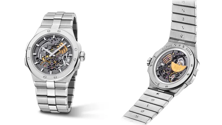 蕭邦Alpine Eagle 41 XP TT腕錶，41mm，5級鈦金屬錶殼，5級鈦金屬錶鏈，自製L.U.C 96.17-S型超薄機芯，動力儲存65小時，防水深度100米，98萬1000元。品牌提供