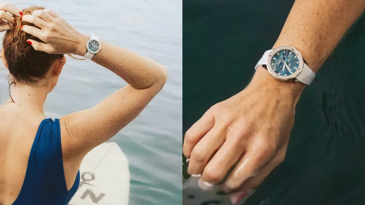 雅典潛水系列Diver Atoll珊瑚礁腕錶，39mm，拋光及緞面打磨精鋼錶殼，矽孔雀石錶盤，白色鱷魚皮/白色橡膠錶帶，UN-816自動上鍊機芯，防水深度300米，限量100只，49萬元。品牌提供