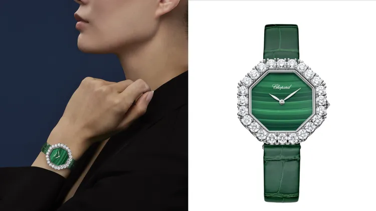 蕭邦L'Heure du Diamant系列腕錶，32mm，18K白金錶殼，孔雀石錶盤，鑲嵌4.54克拉鑽石，綠色鱷魚皮錶帶，09.01-C型自動上鏈機芯，動力儲存42小時，防水深度30米，204萬7000元。品牌提供