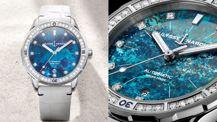 雅典潛水系列Diver Atoll珊瑚礁腕錶，39mm，拋光及緞面打磨精鋼錶殼，矽孔雀石錶盤，白色鱷魚皮/白色橡膠錶帶，UN-816自動上鍊機芯，防水深度300米，限量100只，49萬元。品牌提供