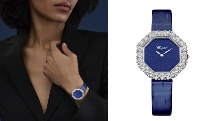 蕭邦L'Heure du Diamant系列腕錶，32mm，18K白金錶殼，青金石錶盤，藍色鱷魚皮錶帶，09.01-C型自動上鏈機芯，動力儲存42小時，防水深度30米，207萬4000元。品牌提供