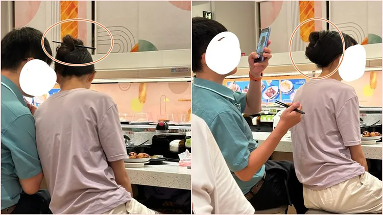 有民眾吃迴轉壽司，發現有一對情侶拿筷子當髮簪還沾沾自喜。翻攝自threads