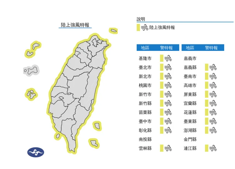 陸上強風特報。氣象署提供
