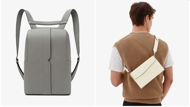 Valextra V-Line後背包（左圖）和 Pocket斜背包（右圖）。品牌提供