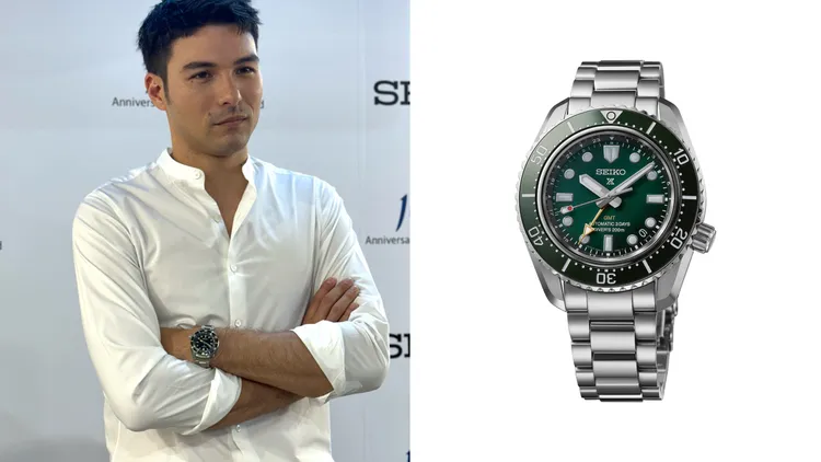 鳳小岳今戴上SEIKO Prospex系列三日鍊機械GMT潛水錶，42mm，不鏽鋼錶殼，不鏽鋼錶帶，6R54機械機芯，洞裡儲存72小時，防水深度200米，5萬1000元。左圖張家玲攝、右圖品牌提供