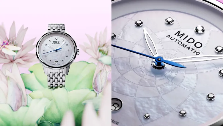 MIDO Rainflower花雨系列女士腕錶，34mm，亮面拋光不鏽鋼錶殼，白色珍珠母貝裝飾錶盤，拋光米粒形狀不鏽鋼鍊帶，Calibre 80自動上鍊機芯，動力儲存80小時，防水深度30米，3萬6000元。品牌提供