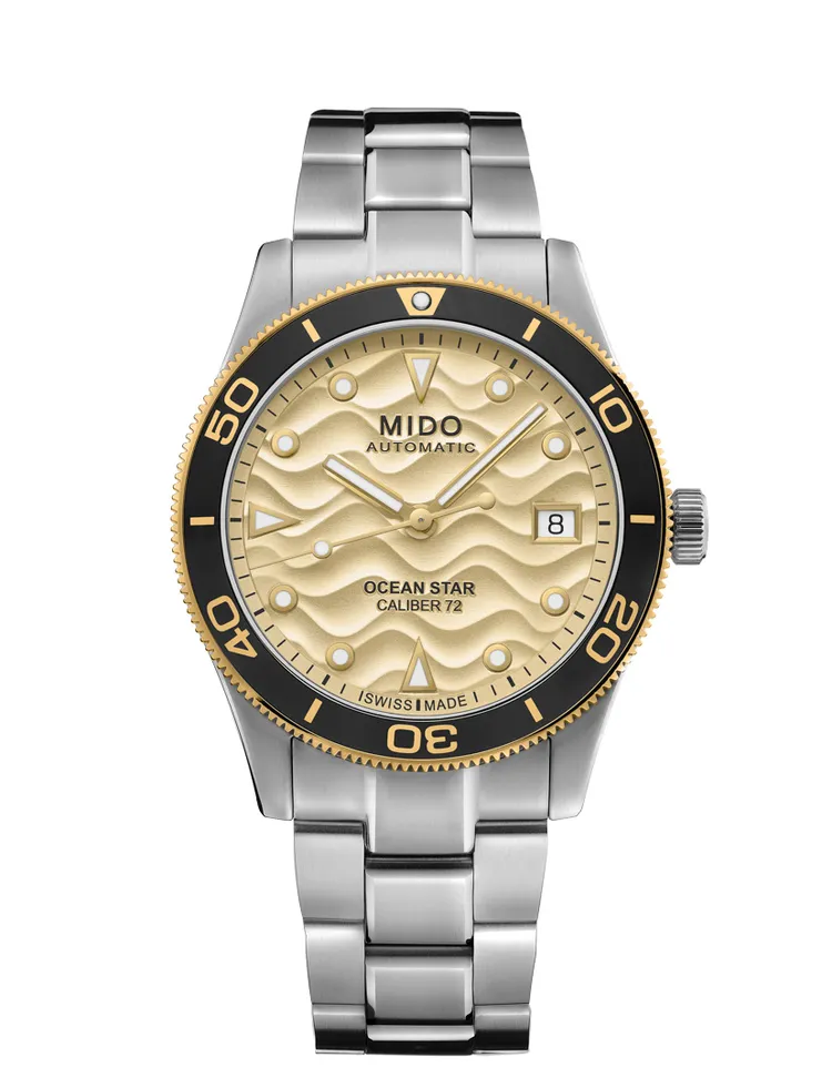 MIDO Ocean Star 39海洋之星系列自動腕錶，39mm，緞面拋光不鏽鋼錶殼，香檳金漸變波浪/沙漠波
紋錶盤，緞面不鏽鋼錶帶，Caliber 72自動上鍊機芯，動力儲存72小時，防水深度200米，3萬5600元。品牌提供