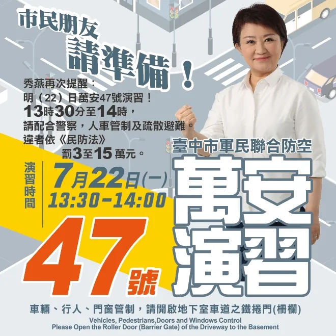 民眾若有違反演習管制及演練，經勸導仍拒不配合疏散避難等，可處3萬元以上15萬元以下不等罰鍰。台中市警局提供