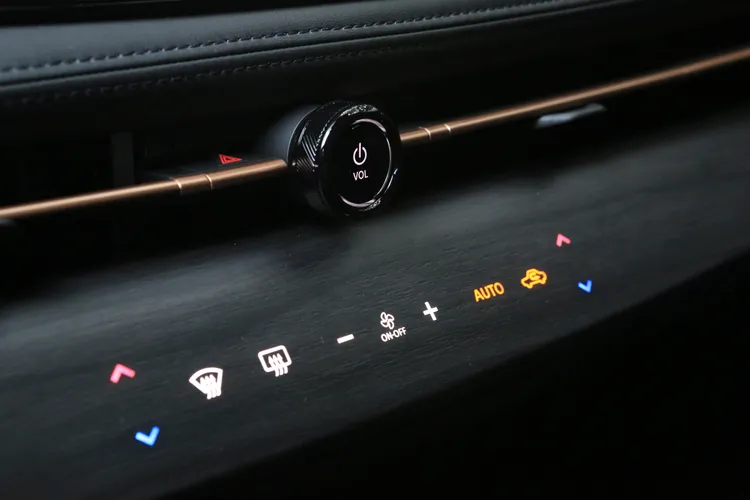 在實體按鍵簡化的訴求下，中控台上僅保留了音響音量旋鈕，空調調整則隱藏在木紋飾板採觸控操作。林浩昇攝