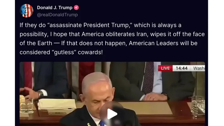 川普今早在自家社群軟體「真相社交」上宣稱將會「消滅伊朗。」翻攝自真相社交@realDonaldTrump