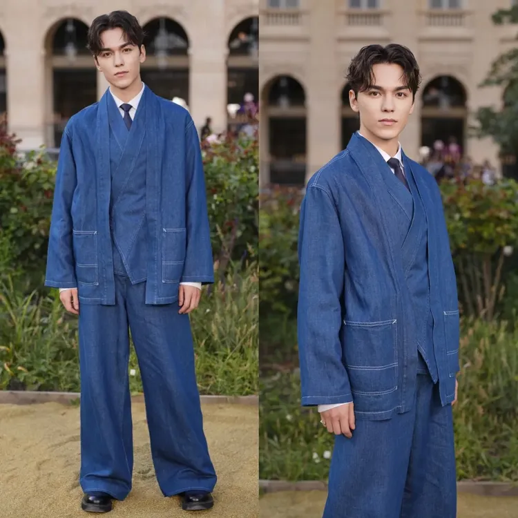 品牌大使Vernon（崔韓率）穿著以和服內搭為靈感設計的丹寧套裝。品牌提供