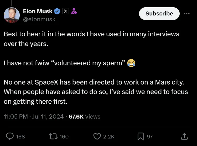馬斯克在X上否認捐精。翻攝自X