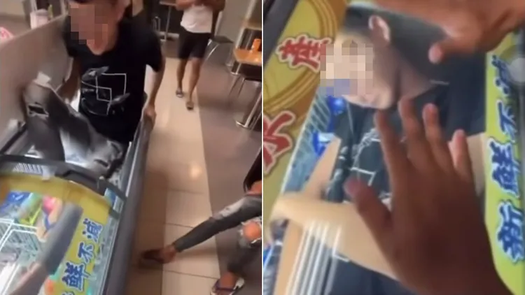 屁孩躺進萊爾富超商冰櫃玩鬧，還把過程全錄下。翻攝自threads