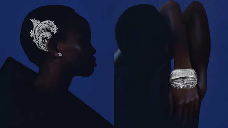 「浪花」不對稱密釘鑲嵌鑽石耳環（左圖），白金材質，可轉換為胸針使用，由工匠
費時650小時製成；「冰雪穹蒼」白水晶鑲嵌搭配密釘鑲嵌鑽石與藍寶石手環（右圖），白金材質，由工匠費時535小時製成。
