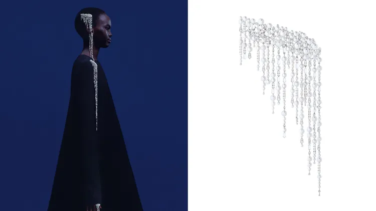 「冰霜」日本Akoya珍珠搭配密釘鑲嵌鑽石與珍珠母貝頭飾，白金材質。品牌提供