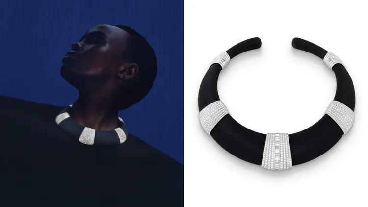 「黑沙灘」黑沙搭配密釘鑲嵌鑽石手環，白金材質，由工匠費時900小時製成。品牌提供