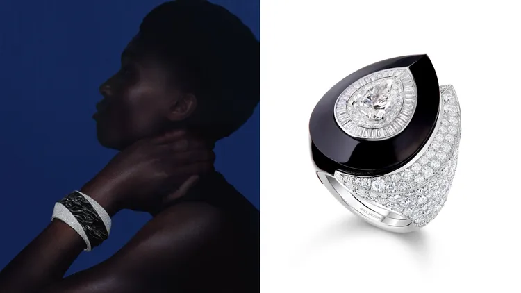「黑冰河水」黑曜石鑲嵌搭配密釘鑲嵌鑽石手環（左圖），純鈦與白金材質，由工匠費時355小時製成；2.01克拉D VVS1梨形鑽石與黑曜石鑲嵌搭配密釘鑲嵌鑽石戒指（右圖），白金材質，由工匠費時240小時製成。品牌提供