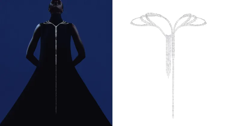 「瀑布」密釘鑲嵌鑽石項鍊，白金材質，可拆分為一副耳環，由工匠費時3000小時製成。品牌提供