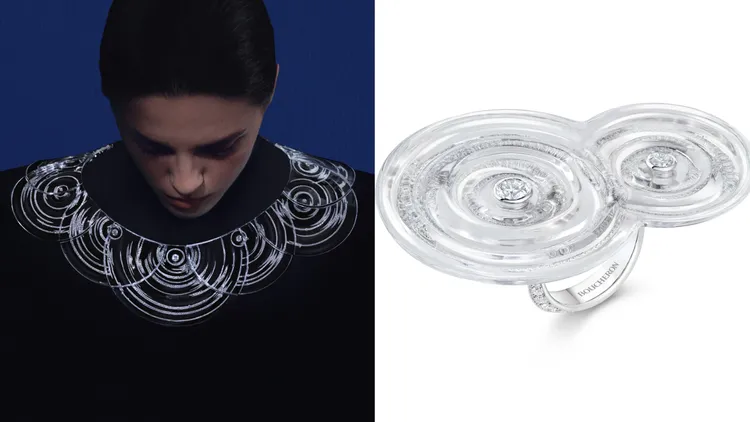 「波浪」白水晶鑲嵌與密釘鑲嵌鑽石項鍊（左圖），白金材質，由工匠費時5050小時製成；1.02克拉E VVS2圓鑽與白水晶鑲嵌搭配密釘鑲嵌鑽石戒指（右圖），白金材質，由工匠費時305小時製成。品牌提供