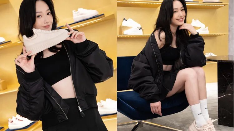 蔡思韵搭配台灣限定的H-Stripes氣質裸粉色小羊皮休閒鞋。品牌提供