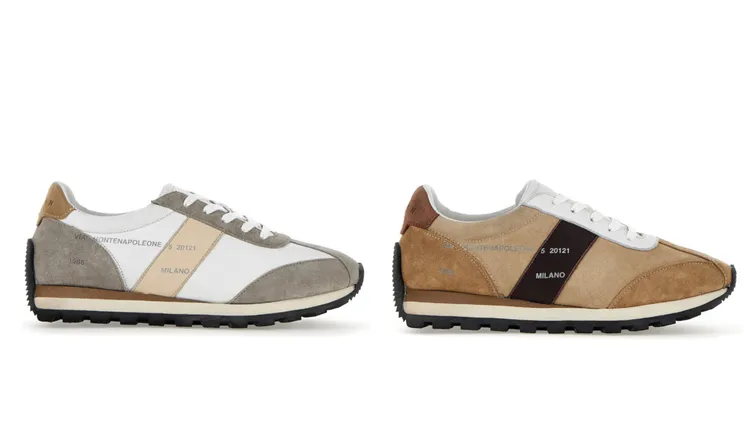 86er白色拼接淺灰色皮革女士休閒鞋（左）、86er焦糖棕拼接摩卡棕皮革女士休閒鞋（右），各2萬1000元。品牌提供