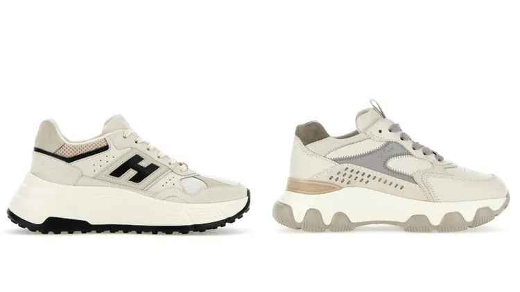 Hi-Fi燕麥白色拼接黑色皮革女士休閒鞋（左）2萬3000元、Hyperactive燕麥白異材質拼接紫灰色休閒鞋（右）2萬3800元。品牌提供