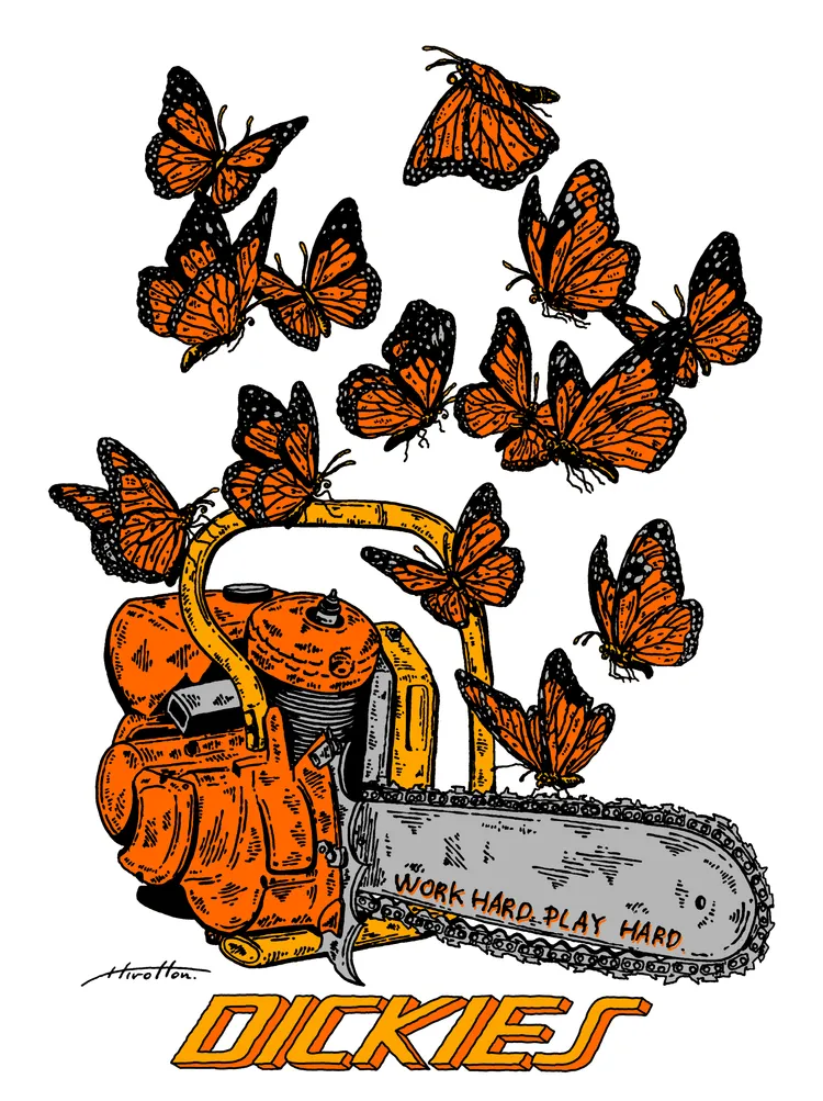 以電鋸為主軸圍繞蝴蝶圖繪代表蝴蝶效應的寓意。品牌提供