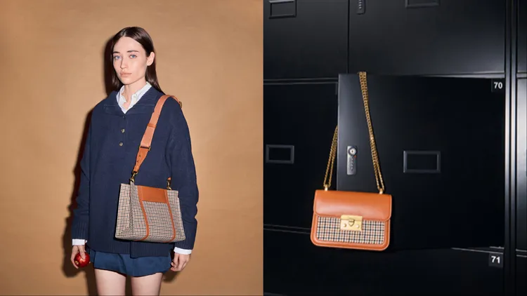 小CK將駝棕色環保PU皮質搭配混色千鳥格紋面料。品牌提供