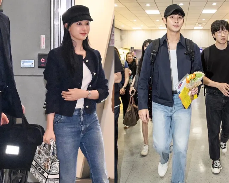 金智媛（左）與金秀賢來台的機場時尚穿搭，組成跨越時空的「情侶裝」。左圖桃園機場記者聯誼會提供、右圖品牌提供