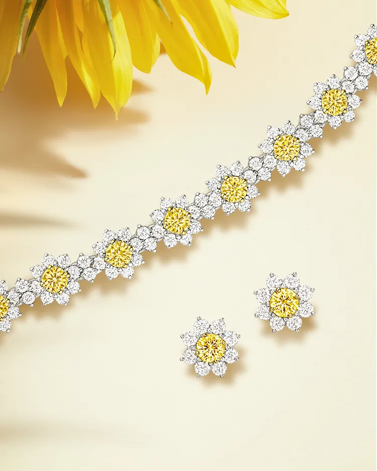 海瑞溫斯頓Sunflower系列黃鑽鑽石手鍊（左圖）、黃鑽鑽石耳環（右圖）。品牌提供