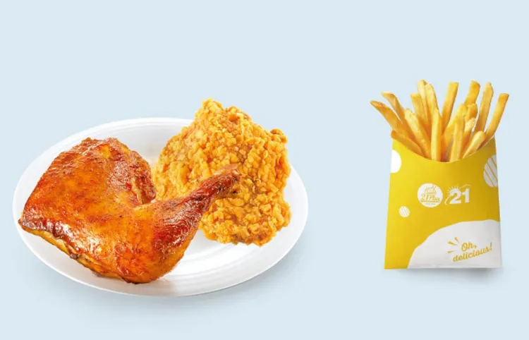 買香草烤雞腿與香脆炸雞送小份脆薯。21Plus提供