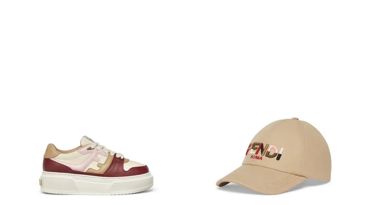 FENDI情人節限定系列多彩LOGO厚底板鞋（左圖）3萬3000元、情人節限定系列多彩LOGO棒球帽 （右圖）1萬9400元。品牌提供

