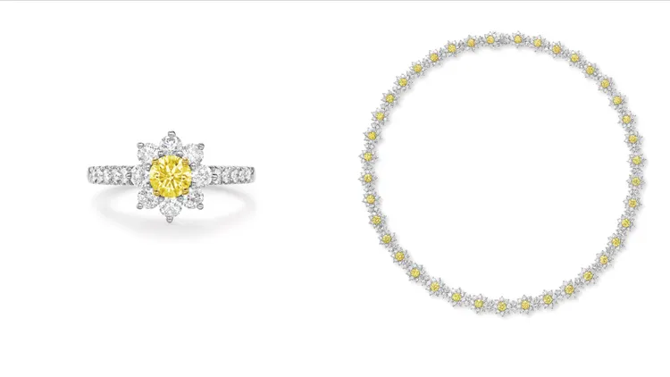 海瑞溫斯頓 Sunflower系列 黃鑽鑽石戒指（左圖）、黃鑽鑽石項鍊（右圖）。品牌提供