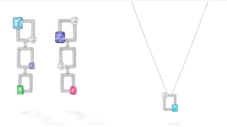 TASAKI Atelier第七季高級珠寶Linkage耳環（左圖，約1870萬日幣），Linkage藍色鋯石墜鍊（右圖，約198萬日幣）。品牌提供