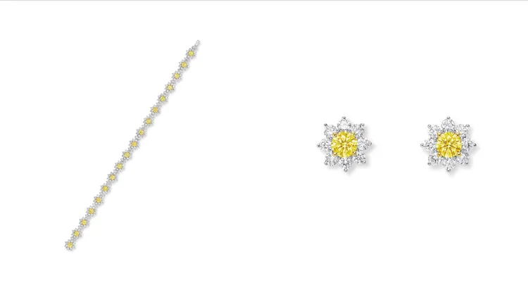 海瑞溫斯頓Sunflower系列黃鑽鑽石手鍊（左圖）、黃鑽鑽石耳環（右圖）。品牌提供