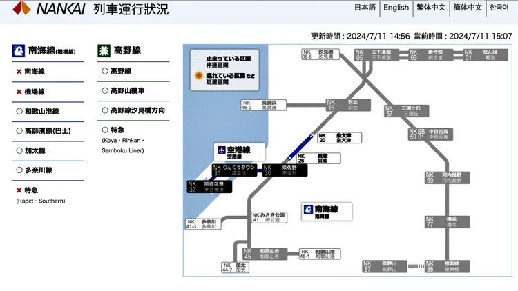 日本旅客須注意，截至日本時間15:07分（台灣時間14:07分），南海線和機場線停駛列車。翻攝自南海電鐵官網