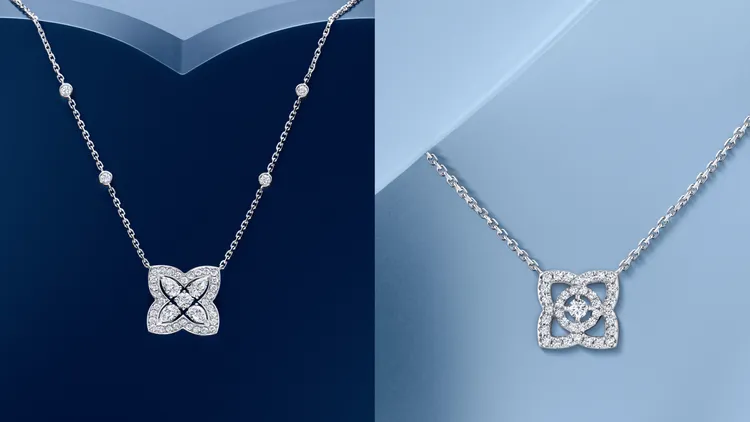 Enchanted Lotus 18K白金鑽石吊墜項鍊（左圖）37萬2000元、Enchanted Lotus 18K白金鑽石吊墜項鍊（右圖）11萬7000元。品牌提供