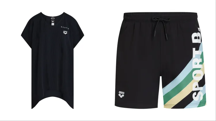 女裝裙式罩杉（左）3980元、男裝沙灘褲3180元。品牌提供