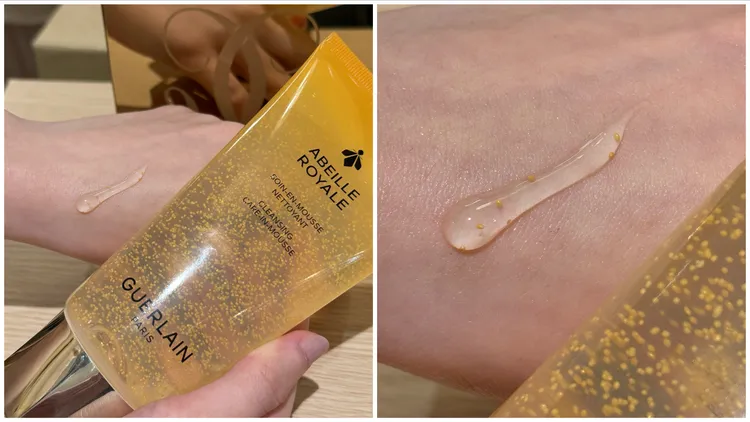 嬌蘭皇家蜂王乳純淨潔顏凝露當中擁有潤澤柔感金球。張家玲攝