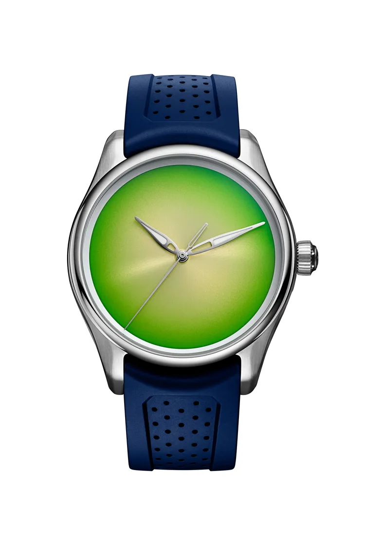 亨利慕時開拓者大三針柑橘綠概念腕錶，56萬1000元。品牌提供