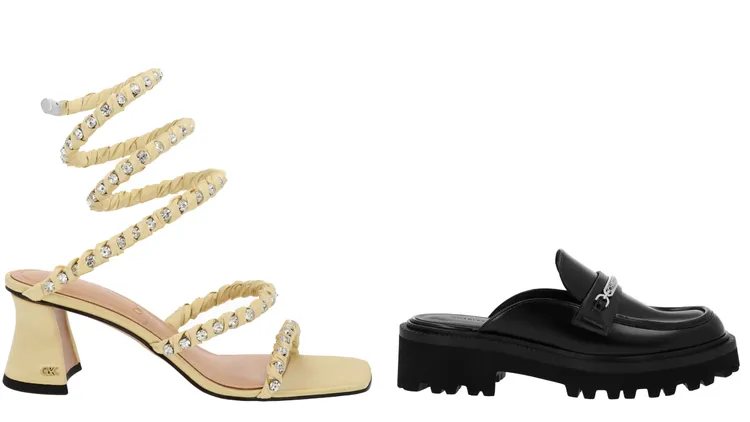 Goldie 寶石繞踝粗跟涼（左）3790元、Remy金屬片樂福穆勒鞋2190元。品牌提供