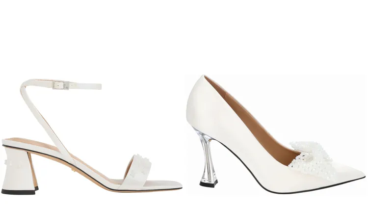 水晶緞面繞踝粗跟涼鞋（左）2990元、串珠蝴蝶結高跟鞋3690元。品牌提供