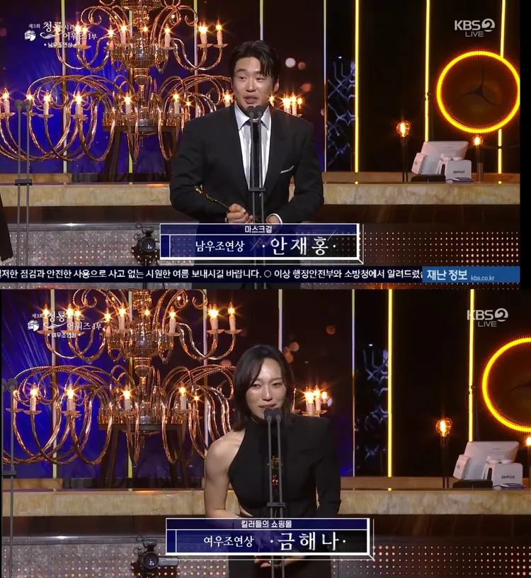 安宰弘以《假面女郎》奪男配角，金海娜《殺人者的購物中心》拿下女配角。翻攝KBS