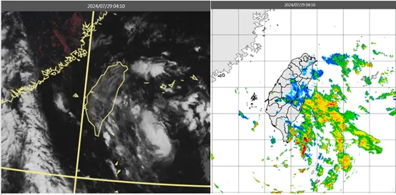 左圖：今(29日)晨4：10真實色雲圖顯示，熱帶擾動雲系已在台灣東側海面上。
右圖：4：10雷達回波合成圖顯示，雲系伴隨降水回波。氣象應用推廣基金會
