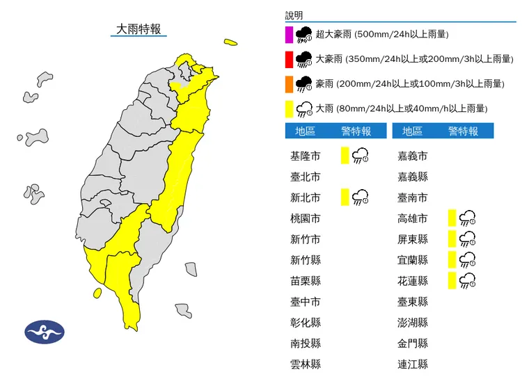 氣象署今（23）日下午針對「全台6縣市」發布大雨特報。中央氣象署