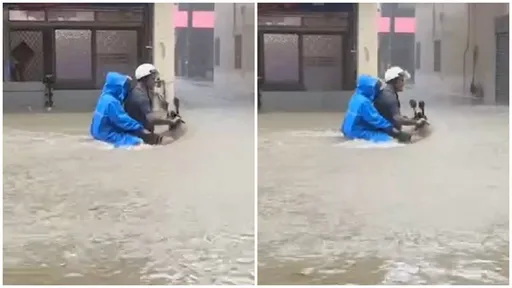 高雄神車!水淹到看不見機車 「雙人硬騎」影片驚呆眾人