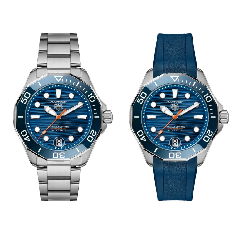 泰格豪雅Aquaracer Professional 300計時腕錶，藍面精鋼款12萬4500元、橡膠錶帶款11萬7800元。品牌提供