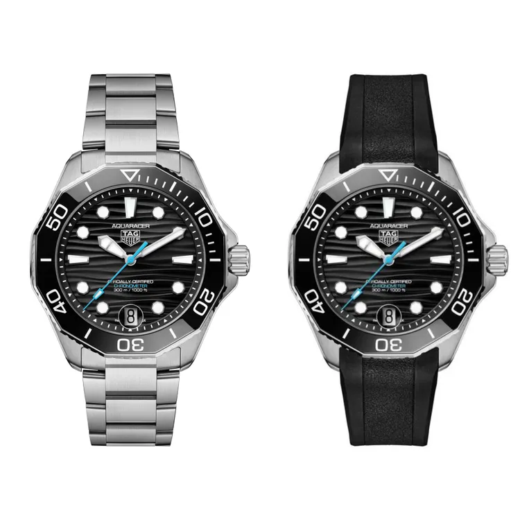 泰格豪雅Aquaracer Professional 300計時腕錶，黑面精鋼款12萬4500元、橡膠錶帶款11萬7800元。品牌提供